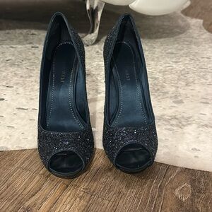 Nine West Glitter Heels 6 1/2 Peep Toe Navy Blue